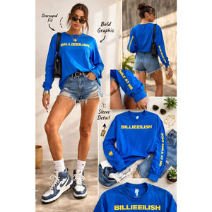 Billie Eilish Blue Long Sleeve Graphic Tee Size L Oversized Streetwear